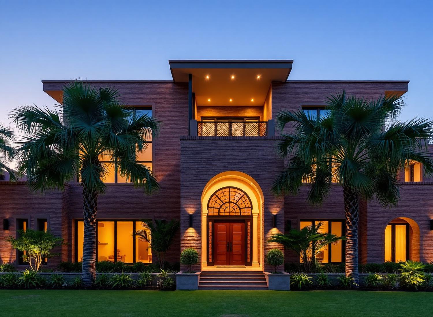 Brick villa facade at dusk