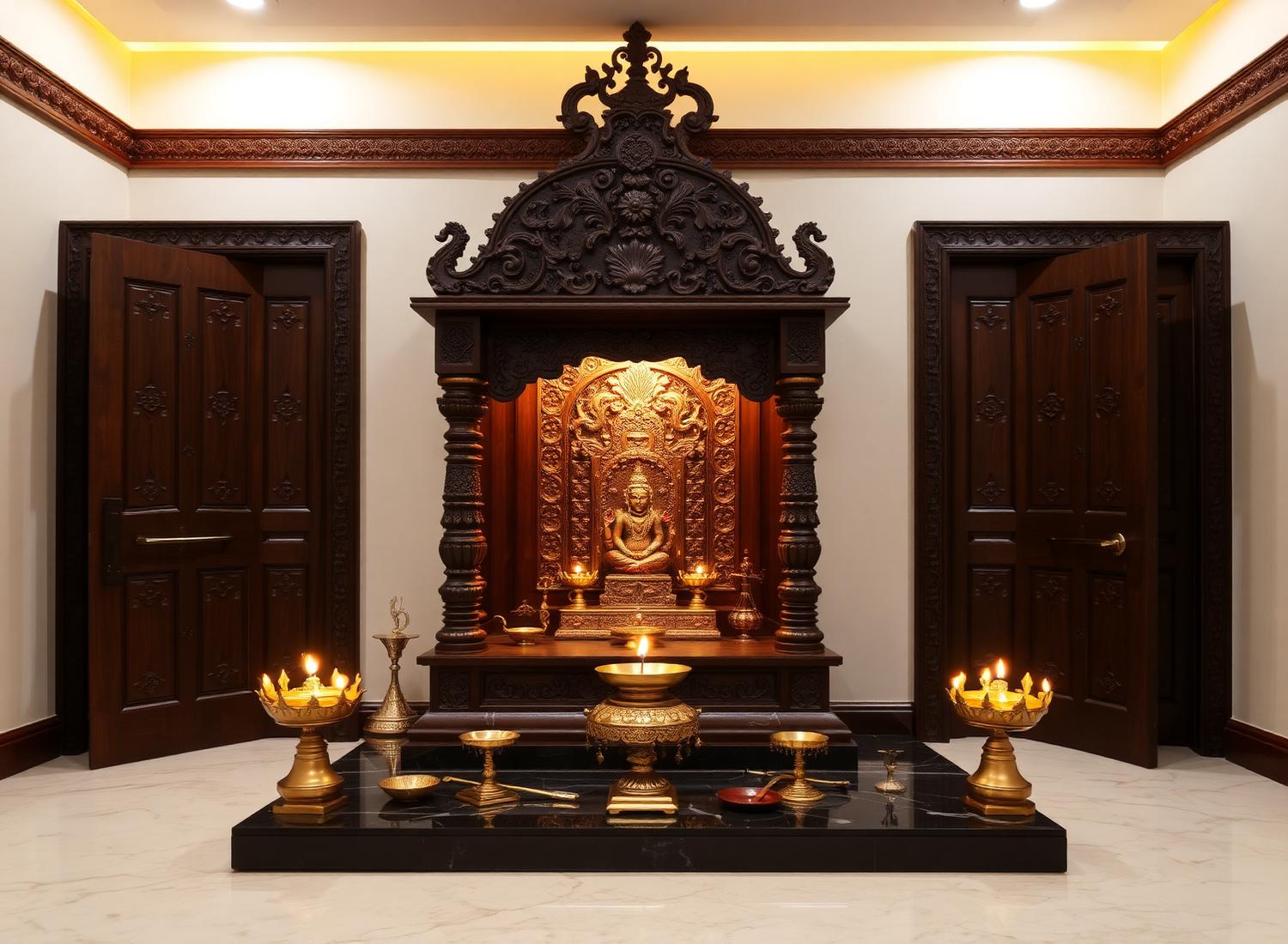 Pooja room with brass diyas